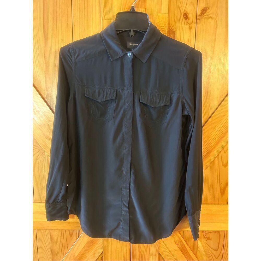 True Religion Georgia Western Black Silk Shirt Snap Button Size XS (5630)